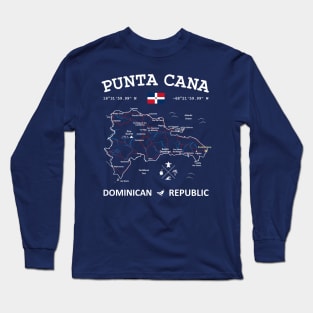 Punta Cana Dominican Republic Travel Map Flag Coordinates Roads Rivers and Oceans Long Sleeve T-Shirt